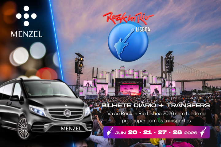 Rock in Rio Lisboa 2026 poster featuring a concert, a van, and transport details.